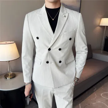 2023 אופנה חדשה גברים בוטיק עסקים סלים החתונה פסים כפול עם חזה החליפה בלייזרס מעיל מכנסיים מכנסיים וסט 3 יח ' סט