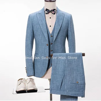 3pcs אור כחול ' קט מכנסיים וסט שיא דש מעיל מכנסיים השושבינים טוקסידו האיש הכי מתאים לחתונה מעיל+מכנסיים+עניבה+מקטורן