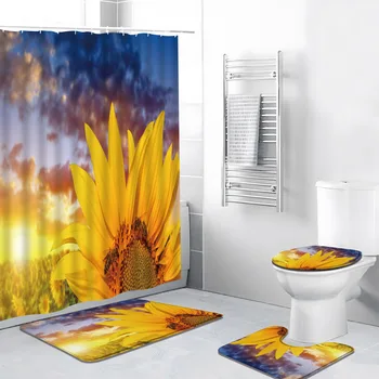 4pcs/סט פרחים וילון מקלחת הקיץ צמחים קרן אור צהוב השקיעה חמניות נוף העיצוב מקלחת שטיח האמבטיה שטיח כיסוי האסלה