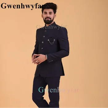 Gwenhwyfar חדש בסגנון אינדיאני שחור Mens חליפות עם שאיפה לעמוד צווארון החתונה 2 חתיכות שמלת חתן המסיבה טוקסידו Terno Masculino