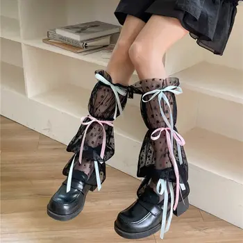 Harajuku בנות מתוק שחור לבן תחרה, חותלות, גרביים יפנית לוליטה Kawaii ורוד קשת קפלים הרגל מכסה