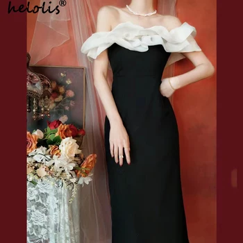 Helolis צרפתי אלגנטי קו נטוי הצוואר קפלים שמלה למסיבת נשים טלאים מותניים צרים פיצול שמלות ערב נשי בגדים Vestidos