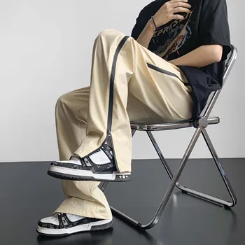 Hybskr חדש מזדמנים מכנסיים אדם בציר רוכסן בצד אופנה מכנסיים רופפים ישר סלים מתאים Harajuku אופנת רחוב המכנסיים