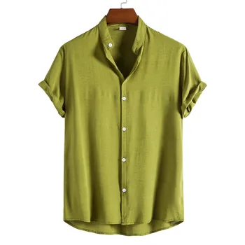 Mens אופנה מזדמן שרוול קצר בעמידה צווארון חולצה בתוספת גודל בנים כותנה קיץ ירוק כחול סגור את כפתור החולצה העליון Xxl