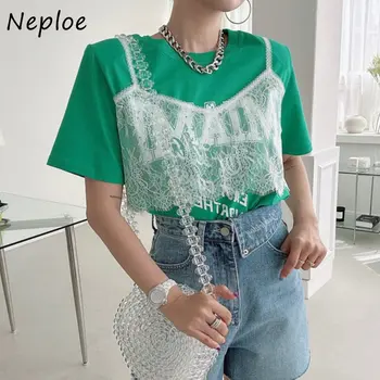 Neploe קוריאנית מתוק תחרה לוח שרוול קצר O-צוואר חולצה נשית 2023 הקיץ באיכות גבוהה המכתב הדפסה מזדמן תכליתי העליון