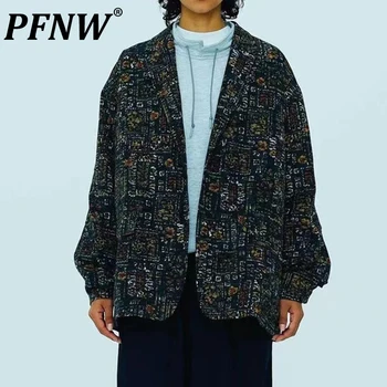 PFNW אביב סתיו של גברים גאות הדפסה Y2K נישה עיצוב ג ' קט של חליפה אופנה לעמוד צווארון אמנות דפוס אישיות בלייזרס 12A9684