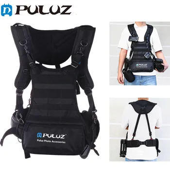 PULUZ כפול רצועת הכתפיים חגורת המותניים מחזיק נרתיק עבור SLR / DSLR מצלמות כפולה רצועת כתף Sling חגורה עם טלפון בכיס