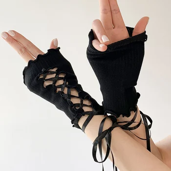 Y2K נשים לוליטה Jk כפפות בלי אצבעות שחור גותי DIY חסון קרם הגנה שרוול אביזרי ביגוד אלסטי רשת פאנק כפפות