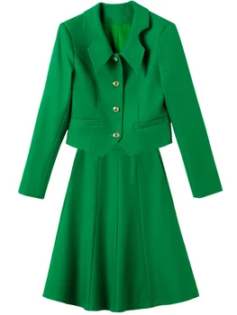 אלגנטי צהוב שחור ירוק כחול בנות חליפת חצאית שרוול ארוך לנשים רשמי שני חלקים סט האביב, הסתיו העסק ללבוש.