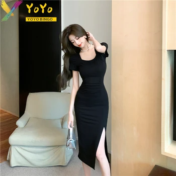 אלגנטי שחור שרוול קצר צוואר מרובע שסף שמלות פשוטות נשים 2023 קיץ אופנה סלים Bodycon שיק עבודה ללבוש את השמלה.