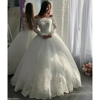 אלגנטי, שמלת נשף נשים שמלות חתונה תחרה עם שרוולים ארוכים שמלות כלה רשמית Vestido De Noiva החלוק de mariée