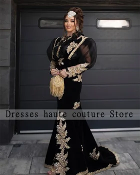אסו עבי-קטיפה שחורה שמלות ערב 2023 Glod אפליקציה פנינים ארוכה עם שרוולים בתולת ים נשים ערביות רשמי שמלת מסיבת יום הולדת