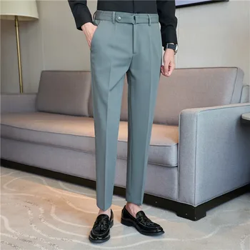 גברים גבוהה המותניים מכנסיים 2023 סתיו בסגנון בריטי מוצק צבע הלבוש מכנסיים Slim Fit רשמית את המכנסיים אופנה בגדי גברים