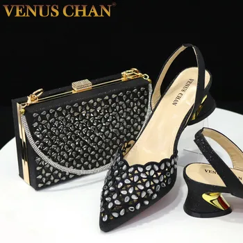 ונוס צ ' אן מרוקנת רקמה צבע שחור מתוק בסגנון מסיבת חתונה נעלי נשים, תיק מעוצב עם יהלומים מלאכותיים