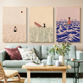 חוף אדם בחורה לגלוש פוסטרי וינטג ' דביקים באיכות HD אמנות קיר רטרו פוסטרים הביתה קיר בעיצוב החדר