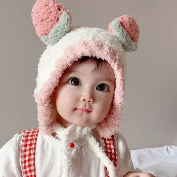 חמוד פירות התינוק קטיפה כובע חורף חם תינוק פעוט ביני כובע עם אוזניים צבע מוצק בנים בנות Earflap ילדים Earflap בונט הכובע