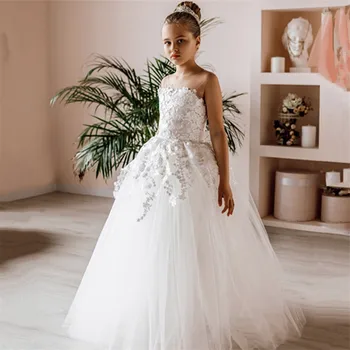טול פרח ילדה שמלות לחתונות לבן תחרה ללא שרוולים הנסיכה ילדים ערב מסיבת נשף הטקס הראשון בתחרות שמלות נשף