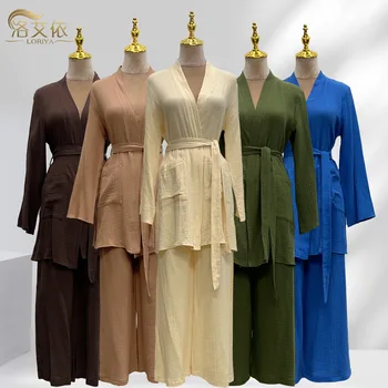 טורקיה המוסלמית השמלה נשים Abaya 2 חלקים שמלת מסיבת מרוקאי Kaftan דובאי כותנה מזדמנת בתוספת גודל העליון+שאיפה פאטאל החלוק Vestidos