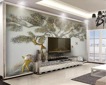 טפט מותאם אישית לעיצוב הבית הסלון, חדר השינה ציור מובלט עץ גדול הון צבי הטלוויזיה רקע קיר טפט 3d