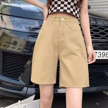 מוצק הג 'ינס מכנסיים קצרים לנשים הקיץ 2023 קוריאני אופנה אופנת רחוב עם קו מותן גבוה שיק צבעוני שלל דגמ