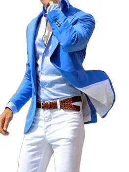 מעיל כחול מכנסיים חליפות גברים 2pcs מחורצים דש בלייזר עסק באיכות גבוהה של גברים חליפת החתונה תחפושת(ז ' קט+מכנסיים לבנים+עניבה)
