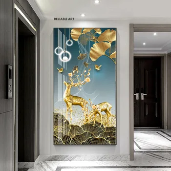נורדי אור יוקרה בסלון ציור דקורטיבי Abatract זהב צבי פוסטר בד הדפסי אמנות מתחם קיר בעיצוב התמונה.