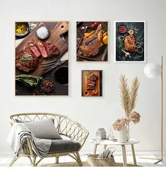 נורדי מסעדה אמנות ציורי הקיר סטייק פירות פוסטרים, הדפסת מזון הדפסי בד HD קיר חדר האוכל, בית עיצוב מטבח