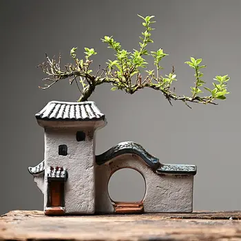 סיני עתיק הבית רטרו בניין קרמיקה פרח עציץ לקישוט גן בונסאי פסלונים מיניאטוריים הביתה קישוטים חינם הספינה.