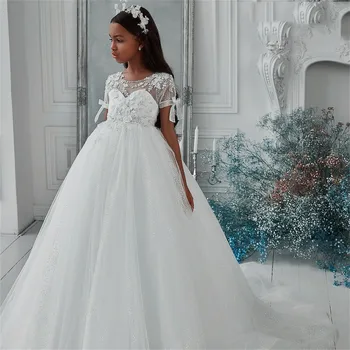 פרח ילדה שמלות רכות, הייתי מעדיפה שלא שרוולים קצרים חתונה אלגנטית רשמי שמלת תלבושת הנסיכה הטקס הראשון התאמה אישית