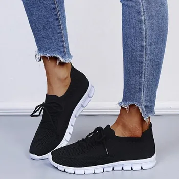 קיץ לנשימה רשת שחור שטוח נעלי שרוכים להחליק על הליכה נעלי ספורט נשים אופנה חיצונית אישה נעליים מזדמנים בתוספת גודל 43