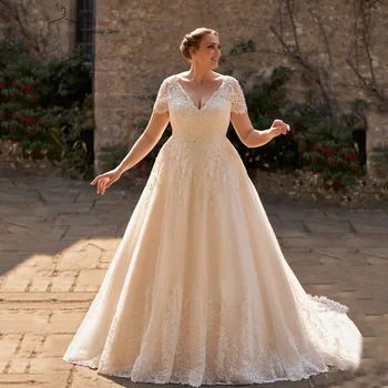 קלאסי שמלות חתונה גודל פלוס V צוואר עם שרוולים קצרים שמלות כלה אפליקציות טול רכבת לטאטא קו Vestidos דה נוביה 2023