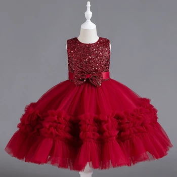 קצר בורגנדי פרח בנות שמלות חתונות מסיבת גאלה O-צוואר בלי שרוולים עם קשת ילד יום ההולדת של הנסיכה שמלת נשף 2023