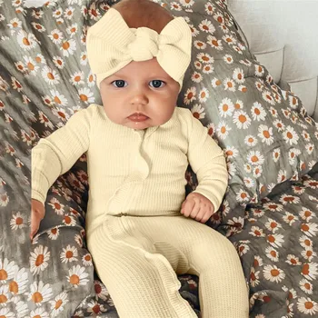 תינוקות בנות רומפר מוצק בגדי תינוקות בנים התינוק בגימור 2pcs מצולעים חליפות סרבל להגדיר רגל בנים רומפר&סרבל