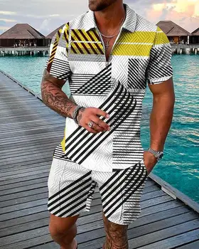 הקיץ החדש אריה Pattern3D מודפס ספורט חליפה לנשימה מזדמנים שרוול קצר חולצה דש Zip פולו אדידס בגדי גברים