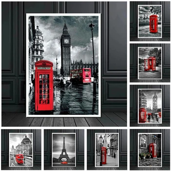 מודרני העיר פריז, רחוב נוף פוסטר ההדפסה עבור סלון עיצוב הבית בריטניה אדום טלפון תיבת בד ציור קיר אמנות